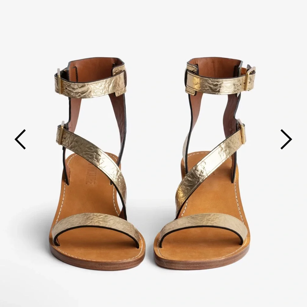NWT ZADIG &VOLTAIRE Cecilia Crinkled Caprese Sandals in Gold SZ 38 - Picture 3 of 10